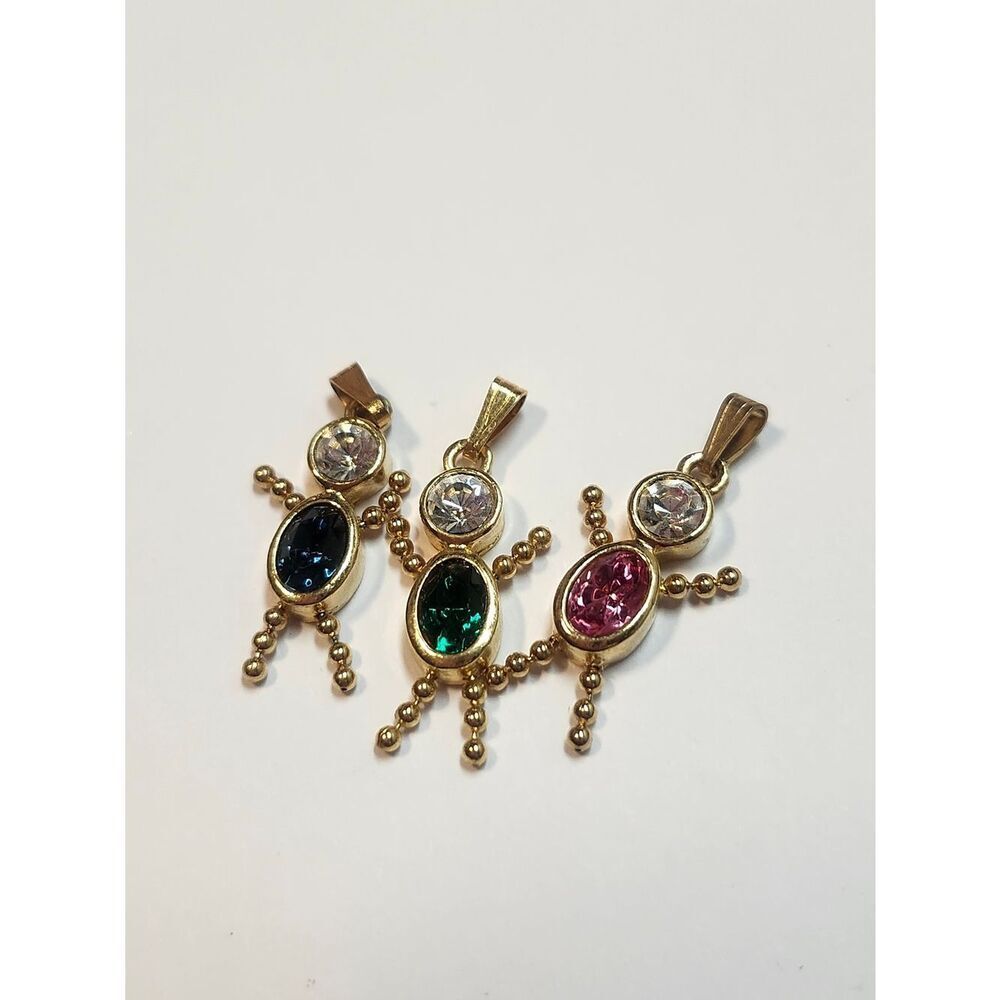 Gold Tone Pendant Necklace Charm - Blue, Green, Pink